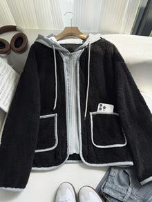 SHEIN Chaqueta regular de manga larga con capucha y 2 en 1 de color contrastante y rayas para mujer - Negro - Ver 1