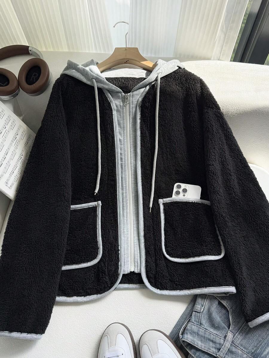 SHEIN Chaqueta regular de manga larga con capucha y 2 en 1 de color contrastante y rayas para mujer - Negro - Ver 1