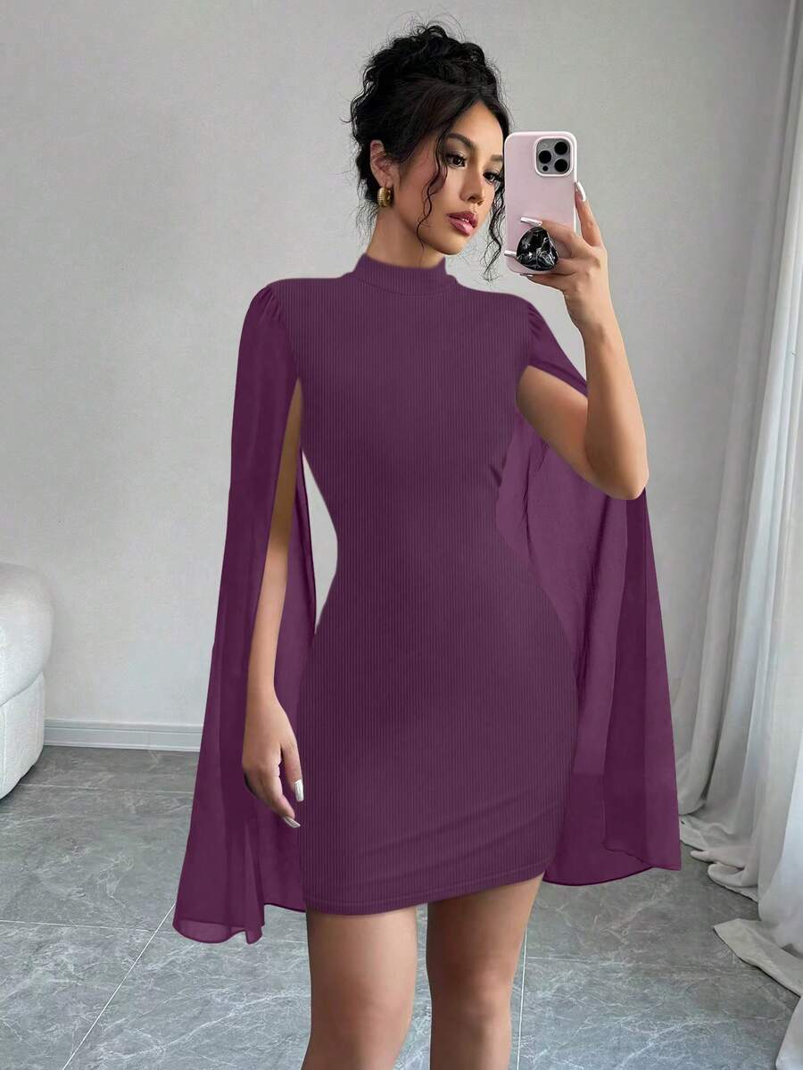 Selianne Vestido ajustado mini con capa de cuello alto,unicoloro - Morado - Ver 1