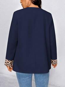 EMERY ROSE Plus Size Women Casual Long Sleeve Blazer Jacket With Leopard Print Patchwork - Navy Blue - View 2
