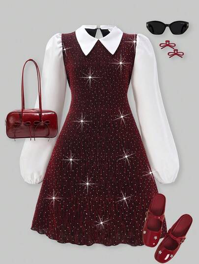 SHEIN ChillGRL 秋冬季青少年优雅设计闪亮水钻拼接纯色长袖短款连衣裙，适合日常通勤、休闲、度假、派对等场合。