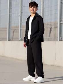 2pcs Teenager Spring Ball Casual Gentleman Single-Breasted Gray Long Sleeve Shirt Paired With Elastic Waist Slant Pocket Casual Pants Set, Vacaura Boy Outfit