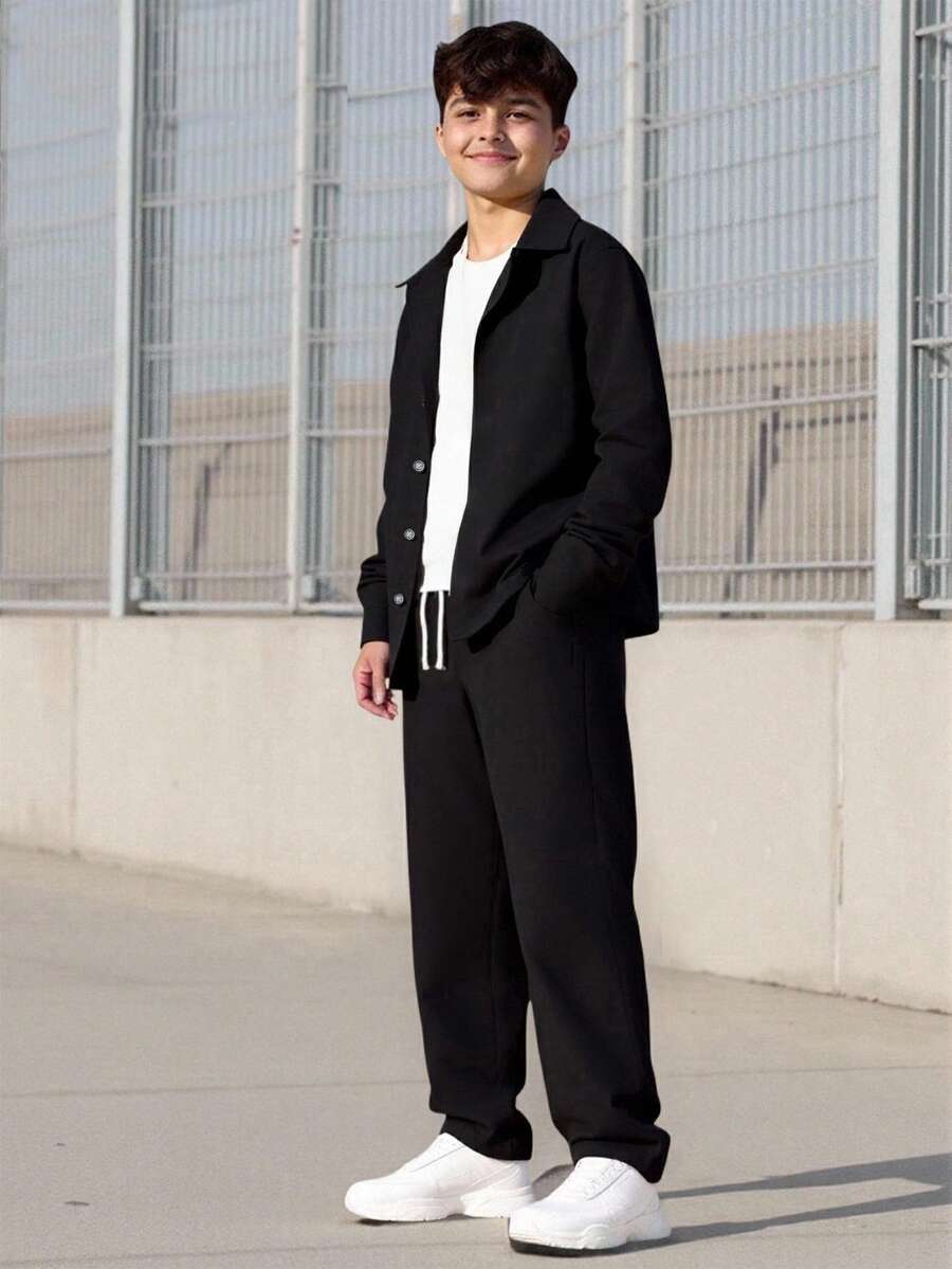 2pcs Teenager Spring Ball Casual Gentleman Single-Breasted Gray Long Sleeve Shirt Paired With Elastic Waist Slant Pocket Casual Pants Set, Vacaura Boy Outfit