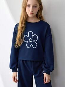 Tween Girls' Oversized Crew Neck Drop Shoulder Long Sleeve Casual Pullover Pullover Sweatshirt Set - Navy Blue - View 7