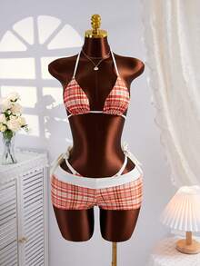 Swim Mod Women's Vacation Casual Cute Contrast Plaid Print Adjustable Tie Bikini & Boyshort 3-Piece Swimsuit Set - Red and White - View 6