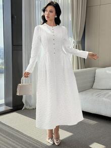 Feyla Women's Floral Jacquard Button Design Round Neck Puff Sleeve Elegant Mid-Length Dress - White - View 5