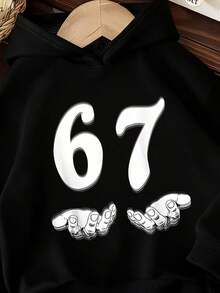 SHEIN GraphicGems Tween Boy Casual Minimalist "67" Graphic Long Sleeve Sweatshirt, Street Style With Number 67 Print, Comfortable Casual For Outings And Sports, Autumn/Winter - Black - View 4