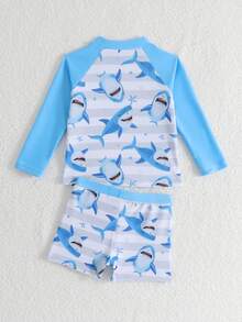 Baby Boy Long Sleeve Striped Shark Print Swimsuit Set Baby Boy Rash Guard Baby Boy Swimsuit Long Sleeve Baby Boy Swim Shirt Baby Boy Beach Wear, Beach Swimwear For Kids, Summer Vacation, Pool Party - Multicolor - View 3