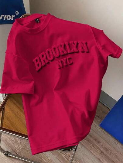 Manfinity Joysei Camiseta de manga corta de ajuste estándar color rojo oscuro para hombres