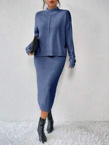 RosyDaze 女士纯色罗纹高领长袖毛衣和针织裙休闲套装 - 淺藍色 - 查看 5