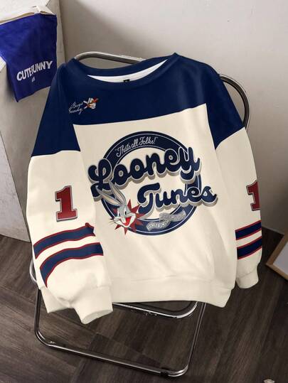 LOONEY TUNES X SHEIN Sudadera oversize de cuello redondo con gráfico de dibujos animados y letras, de hombros caídos, talla grande