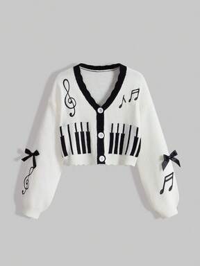 Kawaii Women's V-Neck Long Sleeve Music Symbol Print Butterfly Decor Design Casual Fashion Single-Breasted Cardigan