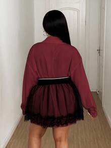 Maweii Conjunto de 2 piezas de blusa y falda de malla de talla grande - Burdeos - Ver 2