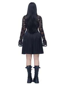 Coolane Vestido negro de manga larga con encaje de contraste, estilo gótico, Y2K, para salir, rave, feria del renacimiento, club, fiesta y vintage, para mujer, apto para todas las estaciones - Negro - Ver 2