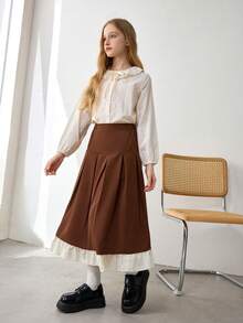 Tween Girls' Elastic Waist Pleated Floral Trim Casual Everyday Skirt - Coffee Brown - View 4