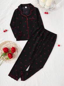 Contrast Trim Cherry Print Lace Trim Girls Pajama Set - Black - View 3