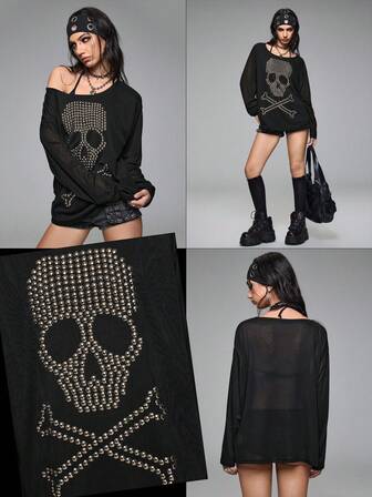 Grunge Punk Loose Fit Oversized Crew Neck Skull Rivet & Rhinestone Graphic Long Sleeve T-Shirt