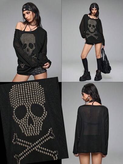 Grunge Punk Loose Fit Oversized Crew Neck Skull Rivet & Rhinestone Graphic Long Sleeve T-Shirt