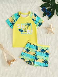 Young Boy Classic Fashion Casual Vacation Style Coconut Tree Pattern, Color Block Splice, Text Graphic Print Slim Fit Long Sleeve One-Piece Swimwear, Suitable For Summer, Beach, Vacation, Swimming