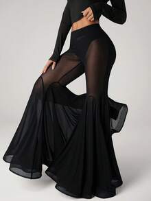 SHEIN ICON Women's Sexy Fashionable Sheer Mesh Flare Pants - Black - View 5