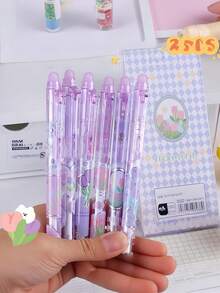 Set de 6 bolígrafos de tulipán morado borrables con goma de borrar linda, artículos de papelería para estudiantes, niñas, oficinas y escuelas, de vuelta a la escuela - Morado - Ver 2