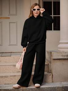 SHEIN 少女粉色连帽衫套装，长袖连帽衫搭配宽松休闲运动裤，秋冬季 - 巧克力棕 - 查看 1