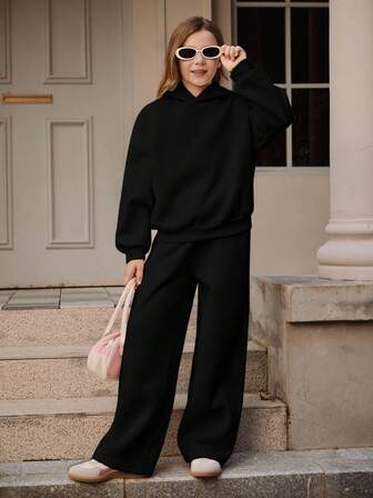 SHEIN Tween Girl Pink Hoodie Set, Long Sleeve Hoodie And Loose Casual Sweatpants Set, Autumn/Winter