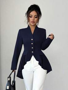 Elenzga 优雅通勤时尚百搭纯黑色V领插肩长袖女式常规外套，腰部收紧不对称下摆荷叶边设计 - 藏蓝色 - 查看 5