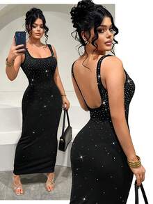 SHEIN SXY 时尚性感露背无袖长款水钻派对礼服 - 黑色 - 查看 8