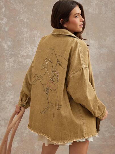 WESTFADE Collared Zip Front Bucking Horse Rodeo Cowgirl Graphic Print Cotton Denim Jacket Fall Autumn Winter Western Wear For Women, Nashville Country Concert, Boho, Casual Cute