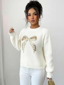 Elenzga Women's Elegant Round Neck Long Sleeve Sequin Bow Sweater, Versatile For Various Occasions And Seasons, Christmas & Winter - Beige - View 4