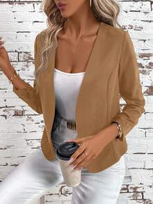 SHEIN Clasi Áo khoác nữ màu đen thanh lịch, tay dài, xếp ly phía trước, đa năng, thích hợp mặc nhà. Áo blazer nữ, áo khoác vest nữ, áo blazer mùa hè màu nâu, áo blazer nữ màu nâu. - Màu Khaki - Xem 6