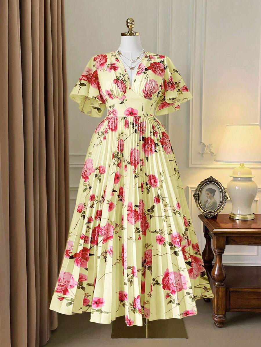 Rometta Vestido plisado con estampado, de manga corta y cuello en V, elegante, para mujer de talla grande - Amarillo claro - Ver 1