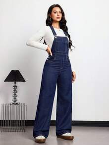 Flexra Women's Loose Fit Pocketed Wide Leg Casual Denim Jumpsuit - Medium Wash - View 3