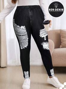 SHEIN CURVE+ Quần legging dáng rộng phong cách cổ điển thường ngày cỡ lớn, phù hợp cho mùa thu/đông - màu đen - Xem 4
