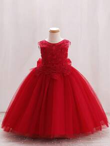 SHEIN Glamorique Kids 女孩可爱假日/婚礼派对礼服，高品质白色网纱花童正式礼服，V 字露背大蝴蝶结蓬蓬公主裙 - 紅色 - 查看 2