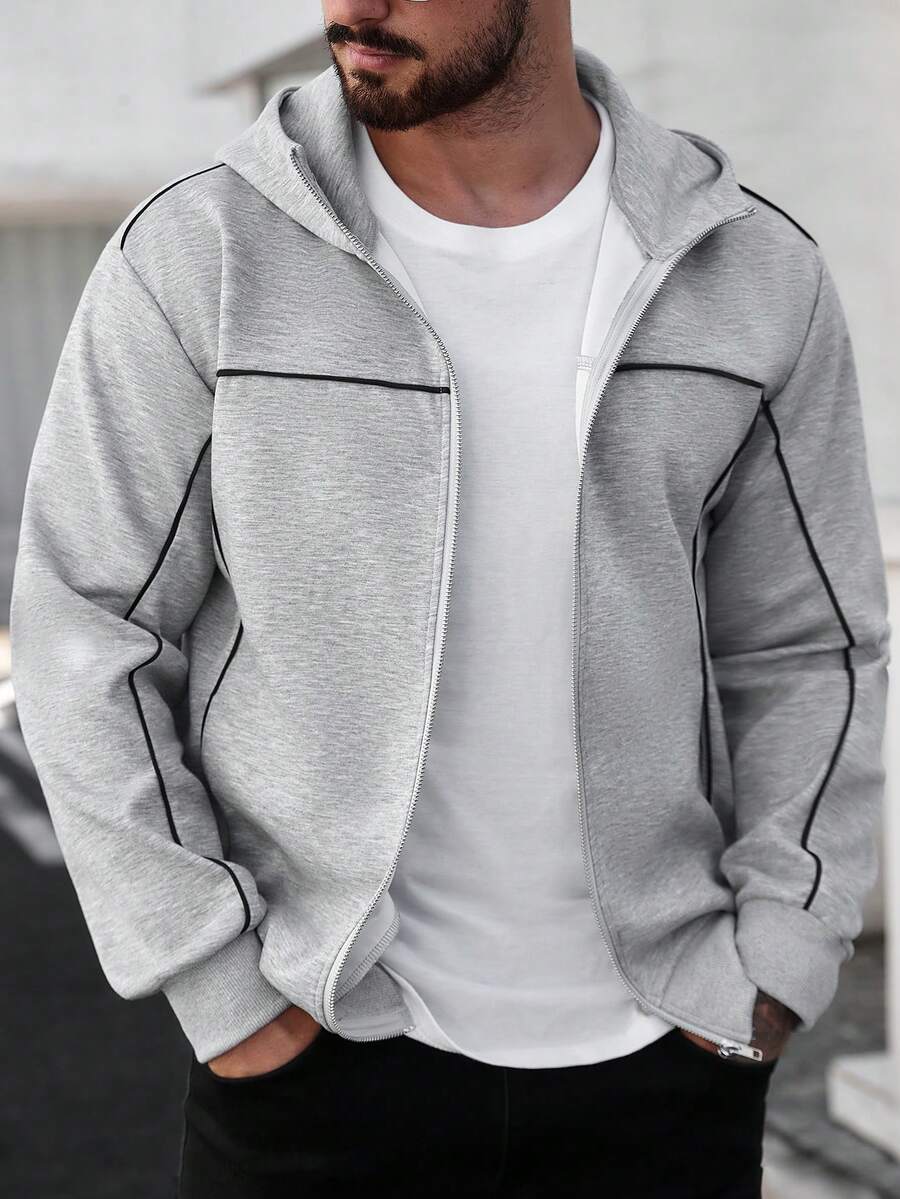 Manfinity Homme Men's Casual Contrast Trim Zip-Up Hooded Sweatshirt Hoodie Sweatshirt Casual Hoodies Grey Zip Up Hoodie Grey Hoodie With Zipper Zip Up Hoodie, Long Sleeve Top - Grey - View 1