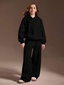 SHEIN 少女粉色连帽衫套装，长袖连帽衫搭配宽松休闲运动裤，秋冬季 - 巧克力棕 - 查看 3