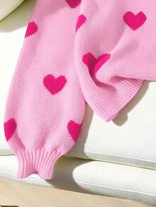 Franclia Heart Design Dropped Shoulder Casual Sweater, Autumn-Winter Knit Pullover Fall Outfit - Pink - View 5