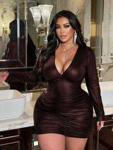 NU&NOW Dieses elegante, figurbetonte, braune Minikleid aus Leder mit V-Ausschnitt und langen Ärmeln ist perfekt für Frühling und Herbst. Es eignet sich für den Alltag, als Outfit für Silvester, Weihnachten, Feiertage, Valentinstag und Partys. - Braun - Übersicht 4