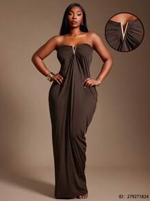 Radiana Đầm quây xếp ly màu trơn gợi cảm và thanh lịch dành cho nữ cỡ lớn, đầm maxi sexy, đầm dài không dây, đầm dạ hội quyến rũ, phù hợp cho tiệc chiêu đãi, liên hoan, tiệc tối, dạ hội, vũ hội, thành thị, vẻ quyến rũ công sở, trang phục du lịch, cổ điển, lễ hội, buổi hòa nhạc, lễ hội hóa trang, đi chơi, nhiều lớp, kỳ nghỉ, hẹn hò, tụ họp, sinh nhật, trang phục tiệc độc thân, cocktail, sự kiện trang trọng, kín đáo, sang trọng, hộp đêm, dễ thương, giản dị, đi chơi, tôn dáng, làm nổi bật vóc dáng, tạo dáng thon gọn, khu nghỉ dưỡng. - Màu nâu Sô-cô-la - Xem 1