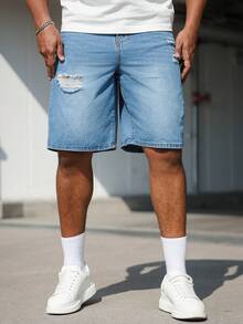 Manfinity Homme Men's Vintage Street Style Washed Distressed Blue Denim Shorts, Comfortable And Textured, Suitable For Summer Daily Wear, For A Great Gift For Boyfriends And Husband Washed Denim Shorts Men Light Blue Denim Shorts Men Plus Size Men Denim Shorts Men's Ripped Denim Shorts Men's Jorts - Blue - View 8
