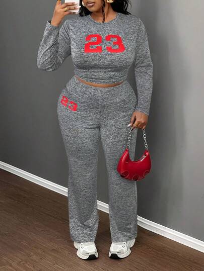 Slaydiva 2pcs Plus Size Casual Sports Round Neck Long Sleeve Fitted Graphic Print Set, Grey, Autumn/Winter
