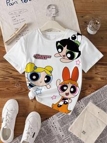 THE POWERPUFF GIRLS X SHEIN Tween Girl Blossom, Bubbles, Buttercup Pattern Short Sleeve Tee Powerpuff Girls Kids Anime Shirt Powerpuff Girls Shirt Cartoon Print Shirt Cartoon Graphic Tee - White - View 8