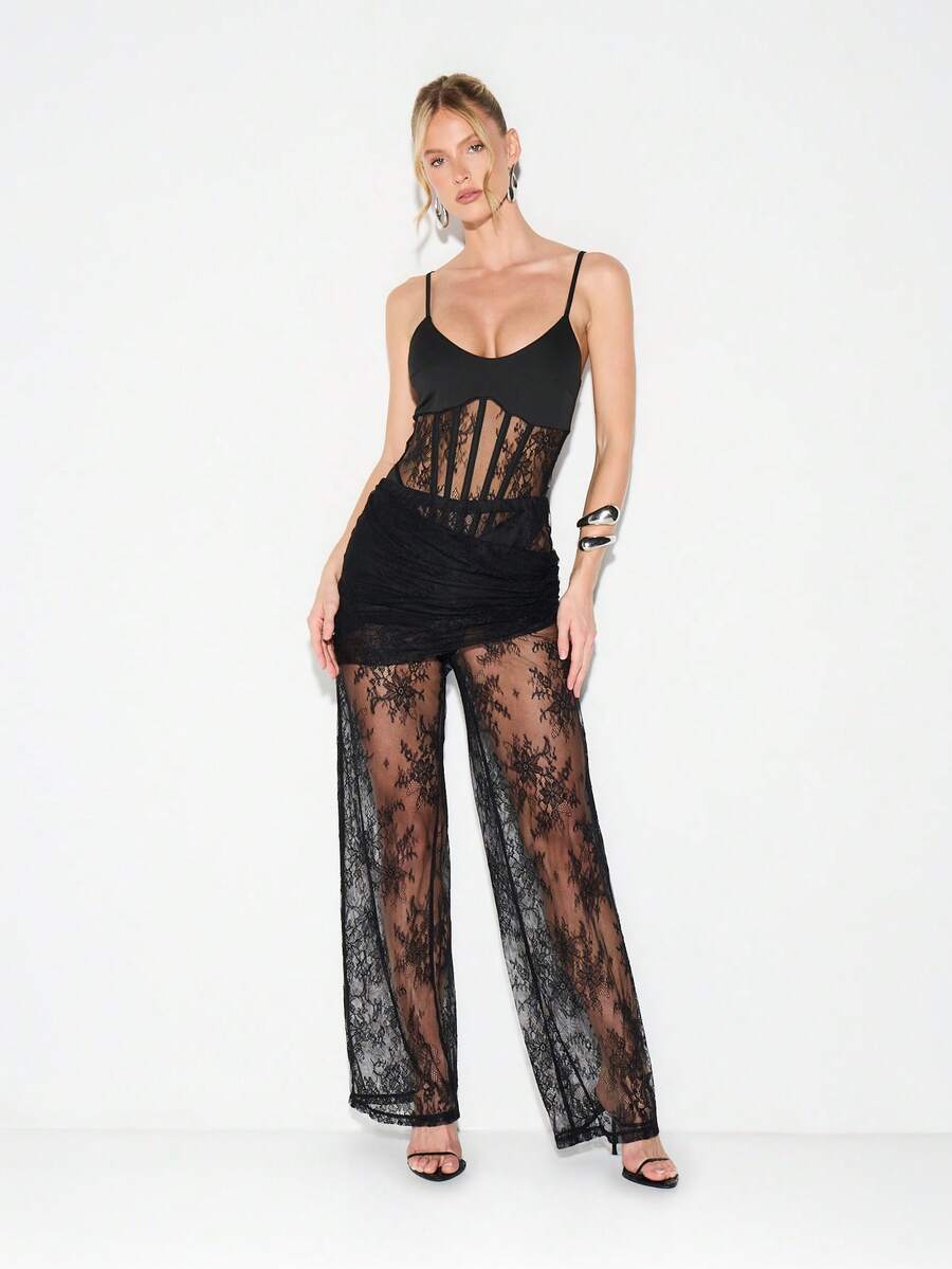 KIZN Women Black Lace Wide Leg Trousers With Overlay Wrap Detail High Rise Evening Palazzo Pants Sheer Floral Pattern Formal Occasion Wear - Black - View 1