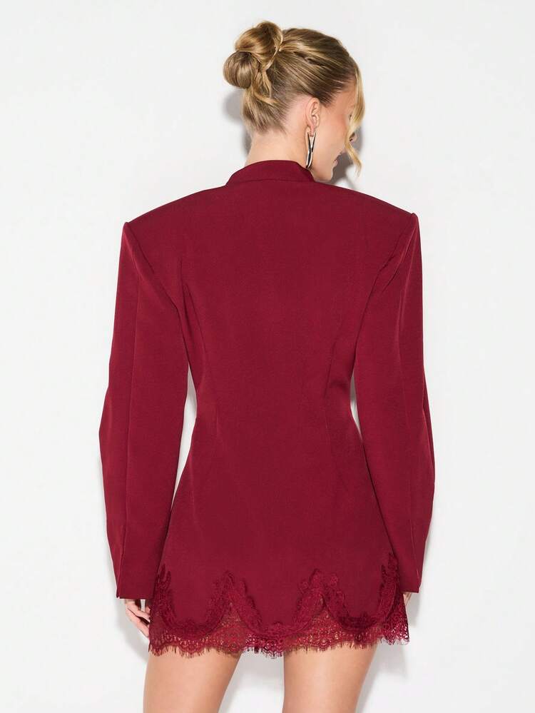 KIZN Burgundy Lace Trim Plunge Neckline Long Sleeve Mini Blazer Dress With Shoulder Pads