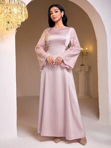 Al Najma Đầm nữ cổ vuông thêu hoa tay loe buộc eo kiểu Ả Rập thanh lịch - Hồng - Xem 7