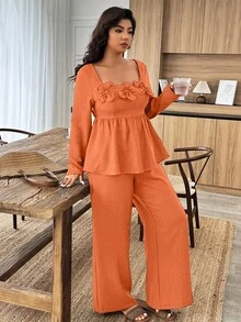 Weeklong 2pcs Plus Size Women Square Collar Ruffle Hem Floral Decor Shirt And Wide Leg Pants Set - Orange - View 3