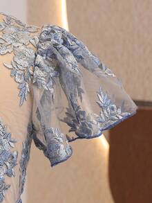 Tween Girl Mandarin Collar Puff Sleeve Lace Ruffle Hem Maxi Elegant Dress - Blue - View 4