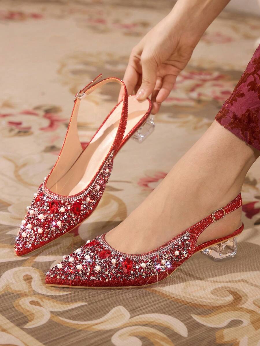 CUCCOO TILAWA Giày cao gót thời trang đính đá Rhinestone dành cho nữ - Đỏ - Xem 1